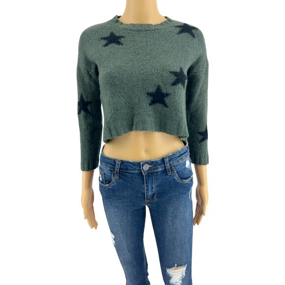 Rails SMALL Perci Olive Black Stars Sweater 100% Merino Wool Crop 3/4 Sleeve Top - Picture 1 of 6